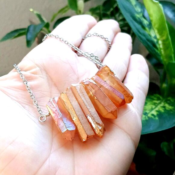 Dyed Orange Aura Quartz Crystal Point Necklace, Stainless Boho Statement 18" - Picture 7 of 7